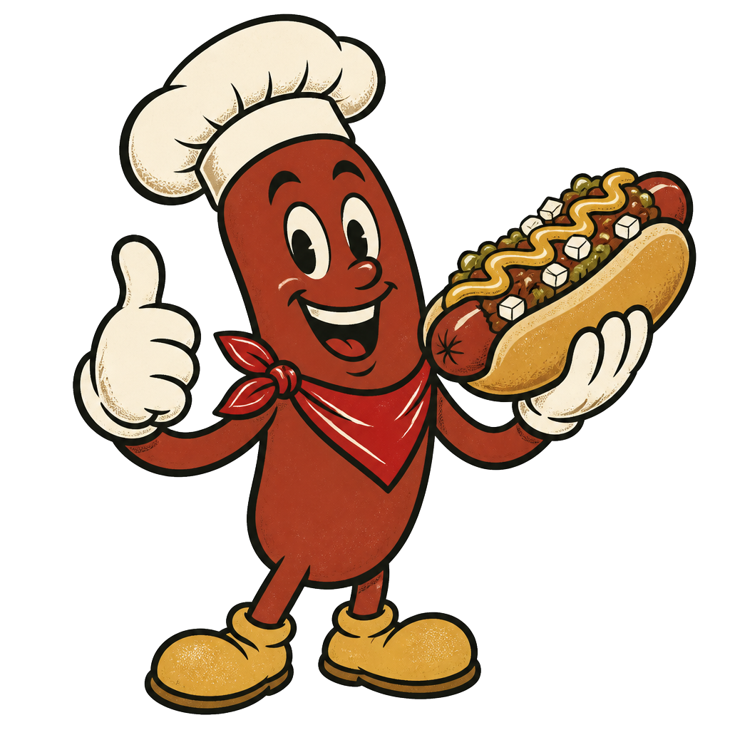 Rosie the smiling hot dog mascot in a chef hat holding a loaded hot dog